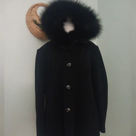 SACHI Black Pea Coat Wool Nylon Cashmere with Fox Fur Collar Button Up - Picture 1 of 8